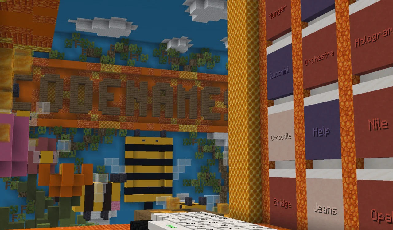 A colorful word puzzle board sits inside a bee-themed arena decorated with honeycomb blocks and flowers.