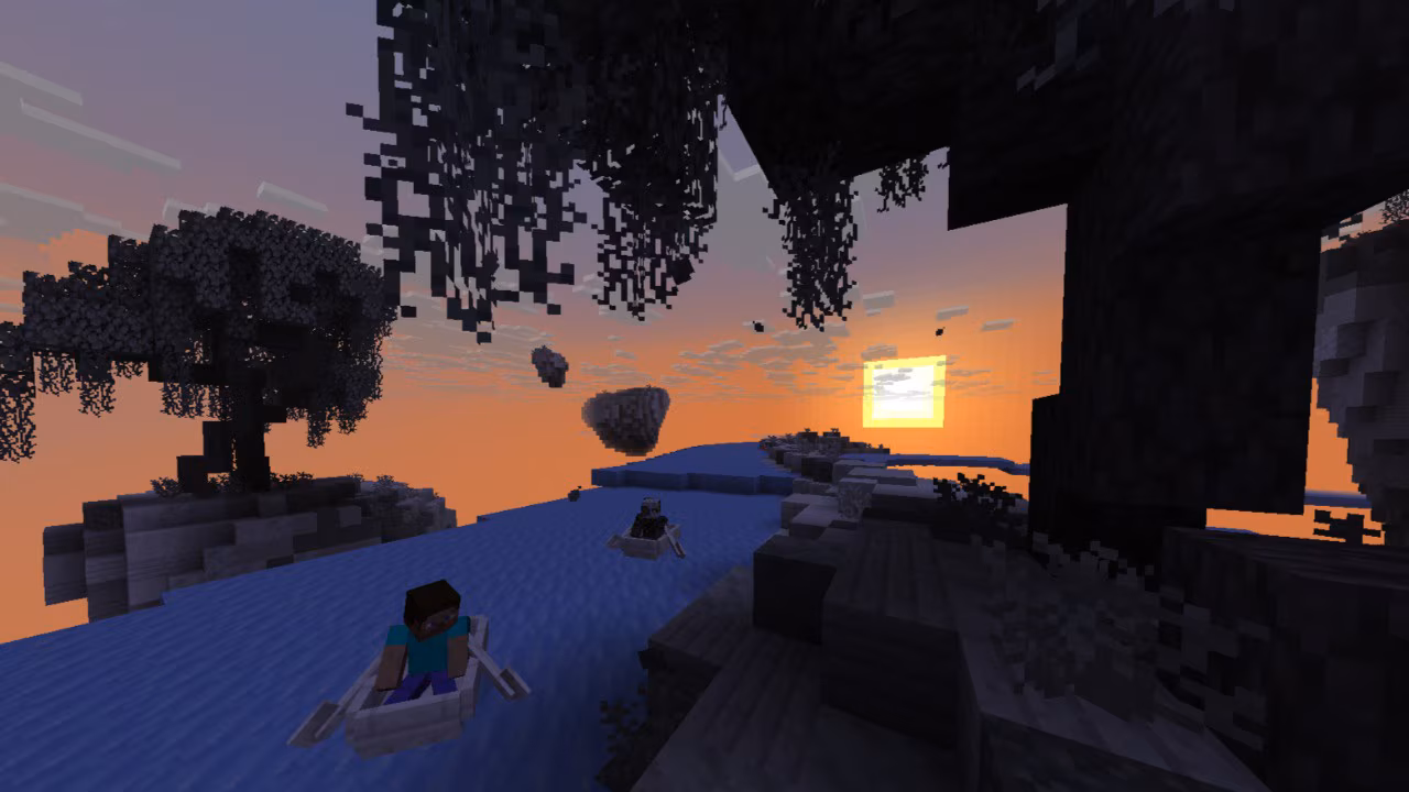 Two players race boats across an icy track suspended among floating islands at sunset.