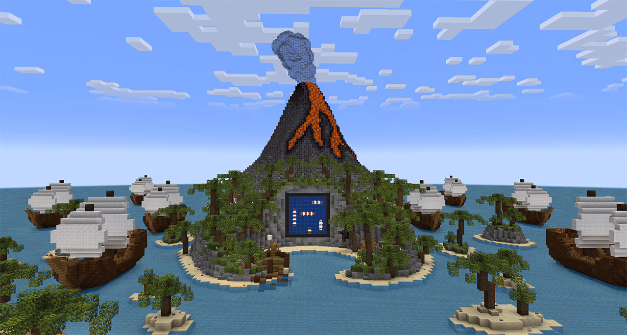 A volcanic island with a giant board game entrance sits surrounded by tropical waters and ships.