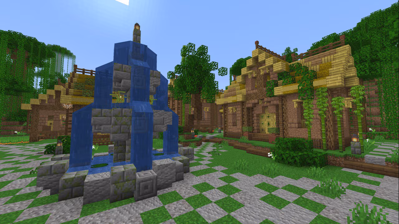 A lush jungle village surrounds a stone fountain, with vine-covered houses beneath bright skies.