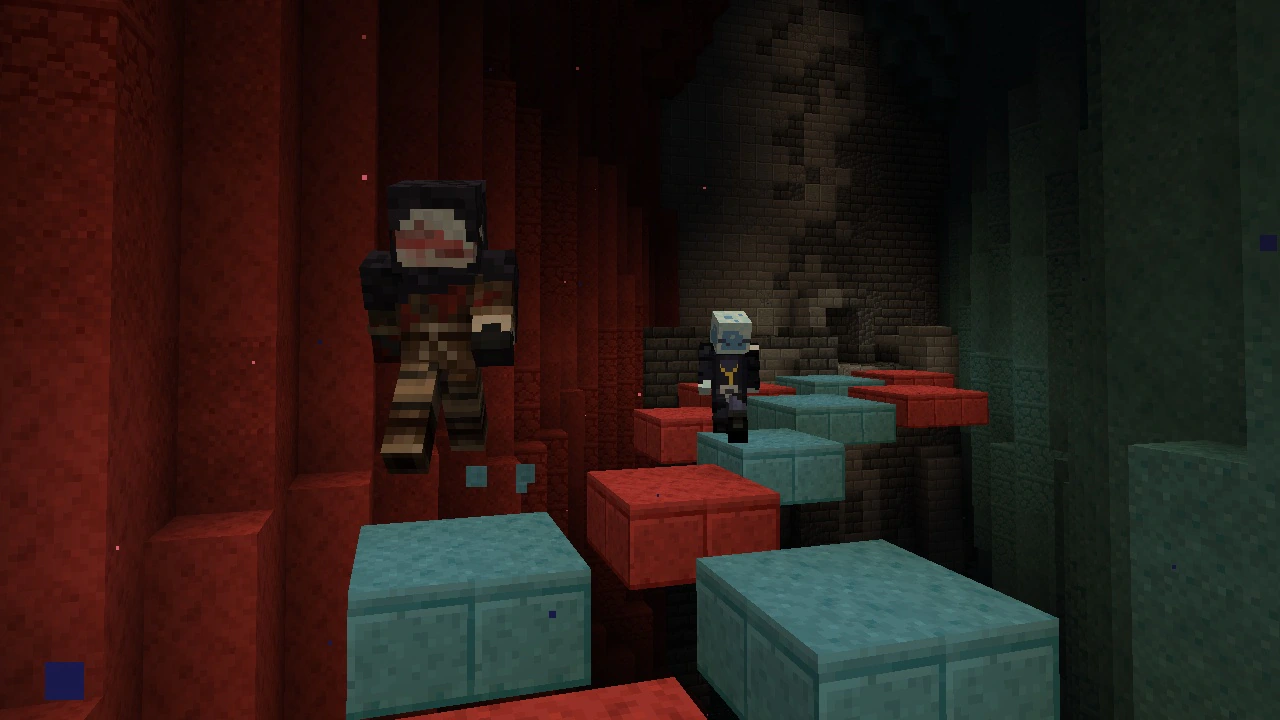 Two players jumping crossing a ravine by jumping on a set of platforms.