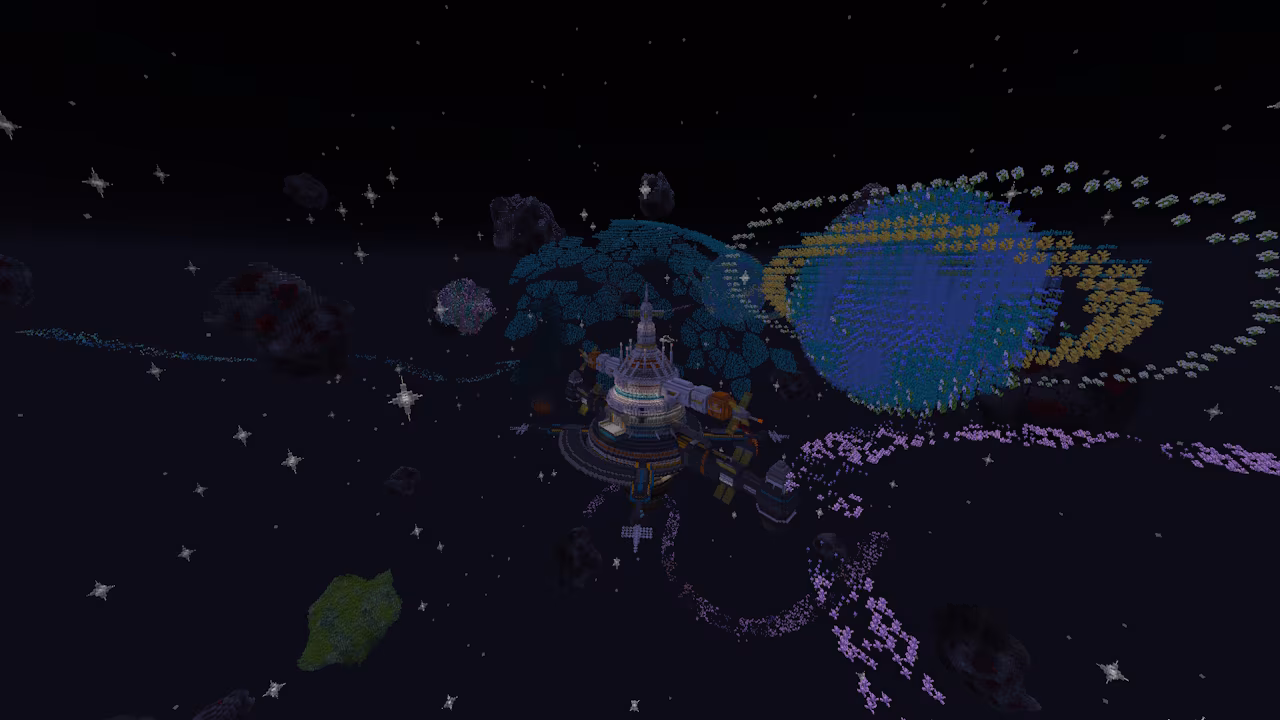A futuristic space station amid colorful floating spheres and stars