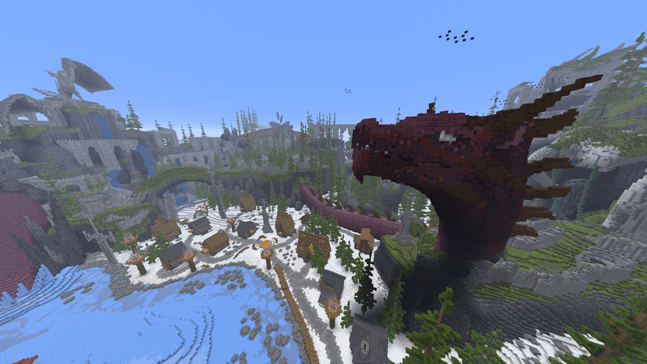 A Minecraft village in snowy valley beside a giant dragon statue.