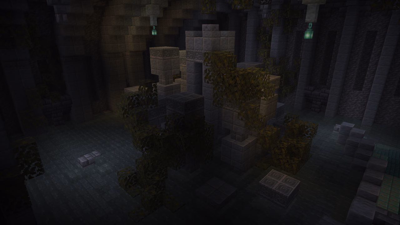 A dark swamp-like environment with a building in the middle, resembling some form of temple.