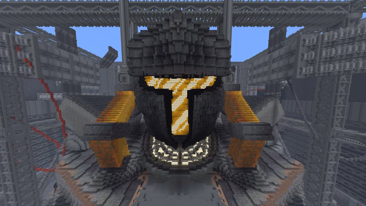 A massive industrial machine with glowing core in steel arena.