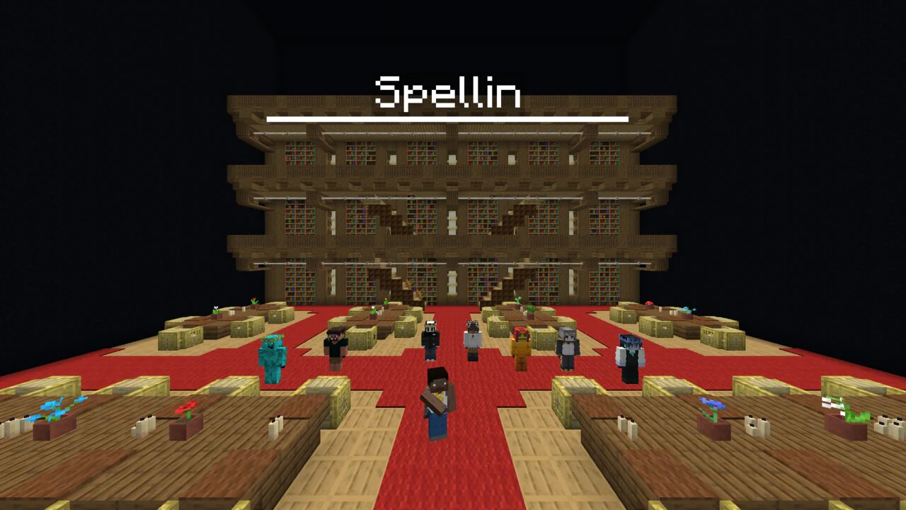 A library hall with bookshelves and players lined on stage.