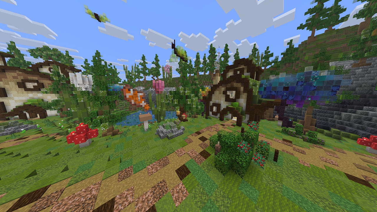 A lush village with pond, mushrooms, and cozy wood homes.