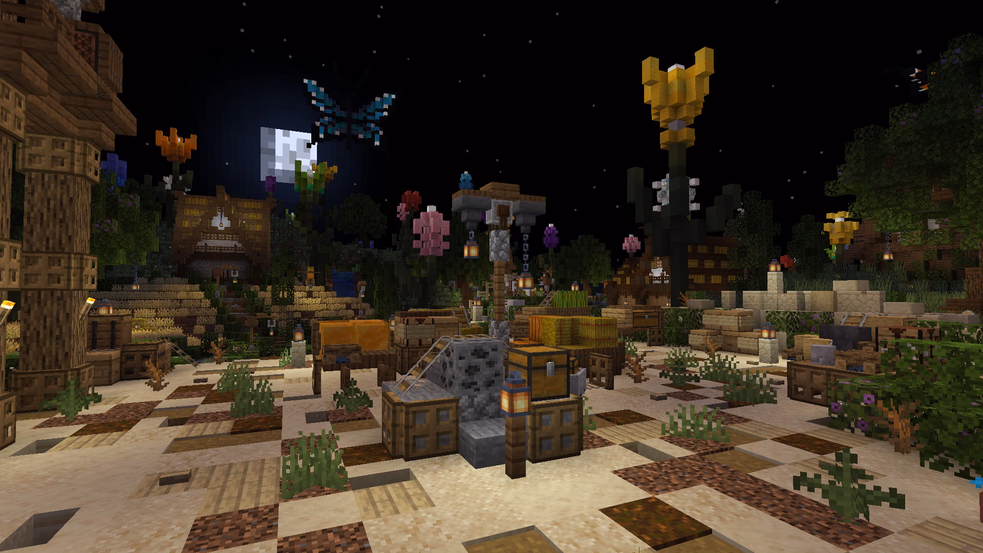 A night village scene with giant flowers under moonlight