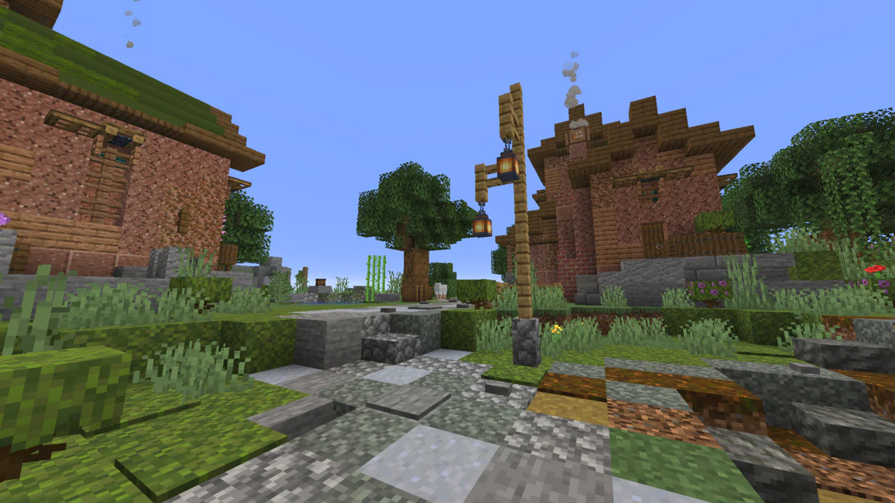 A peaceful village path with lanterns, trees, and brick houses.