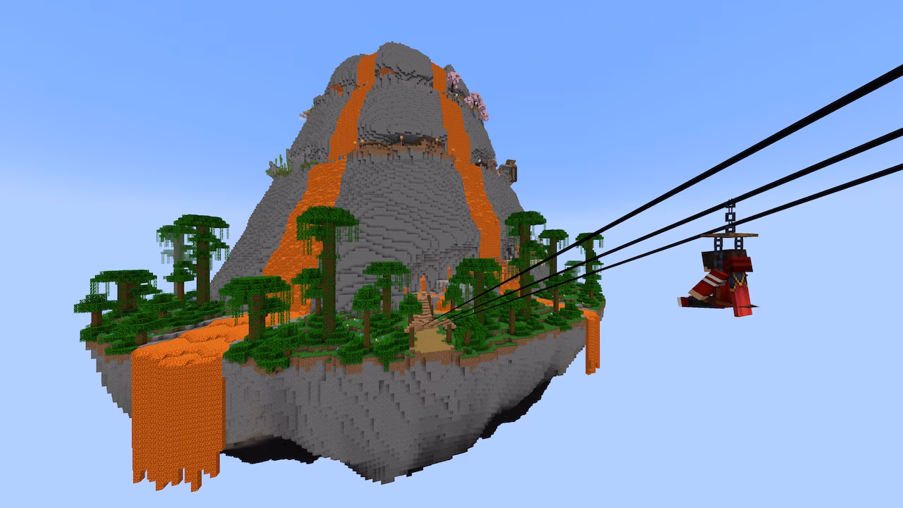 A Minecraft screenshot of a floating island in the sky, with an active volcano on it.