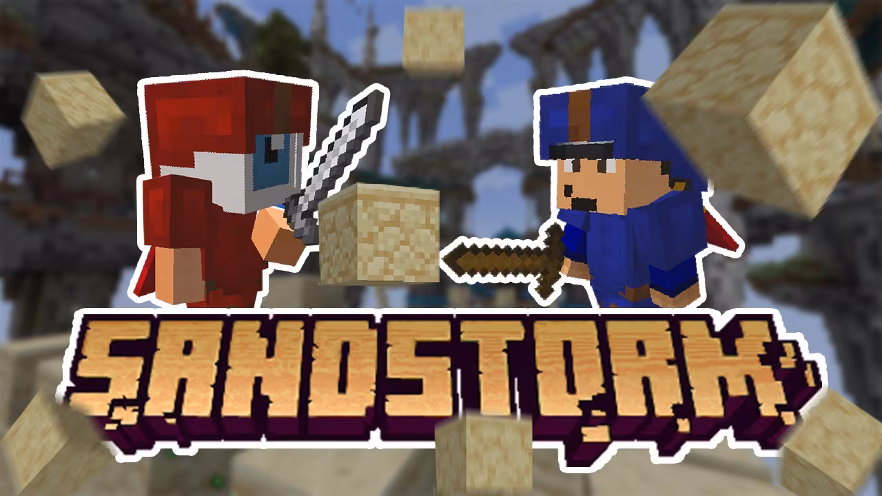 A Minecraft screenshot of a mini-game, with a large logo on top reading "Sandstorm"