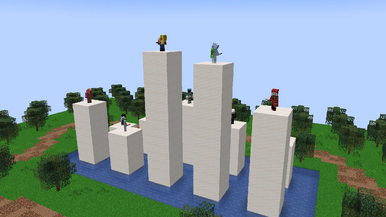 A Minecraft screenshot, depicting a bunch of players standing on top of white pillars.