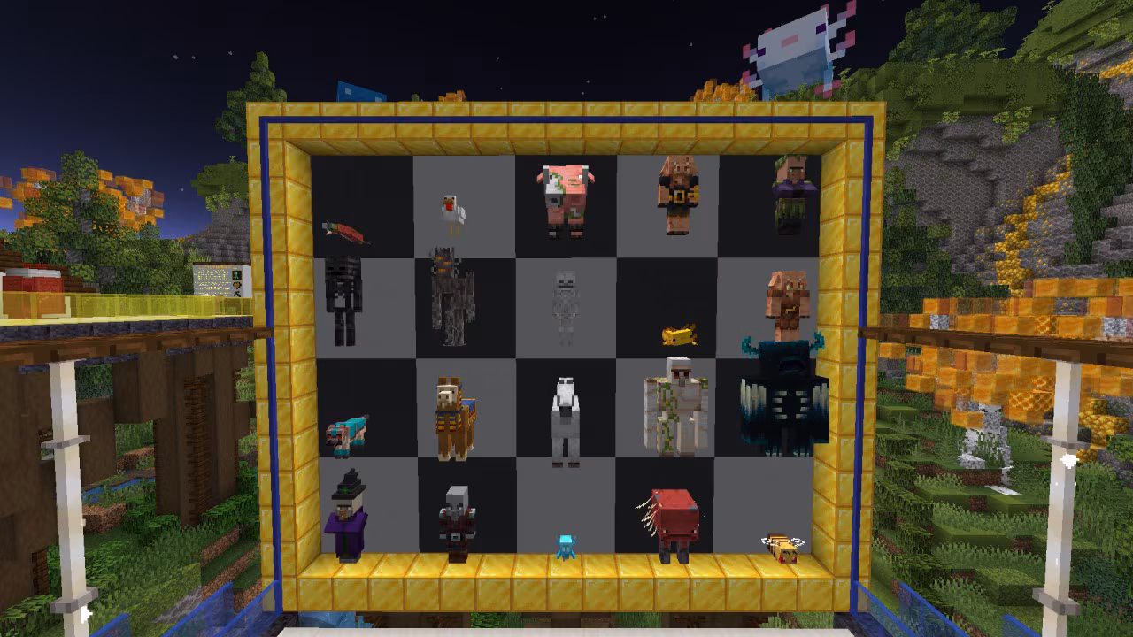 A Minecraft screenshot, depicting a large frame containing a collection of mobs of variying kinds.