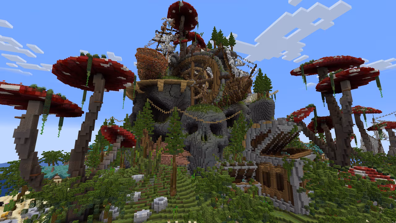 A Minecraft screenshot, depicting an island with a large skull carved in rock, and large mushrooms growing all over the island.