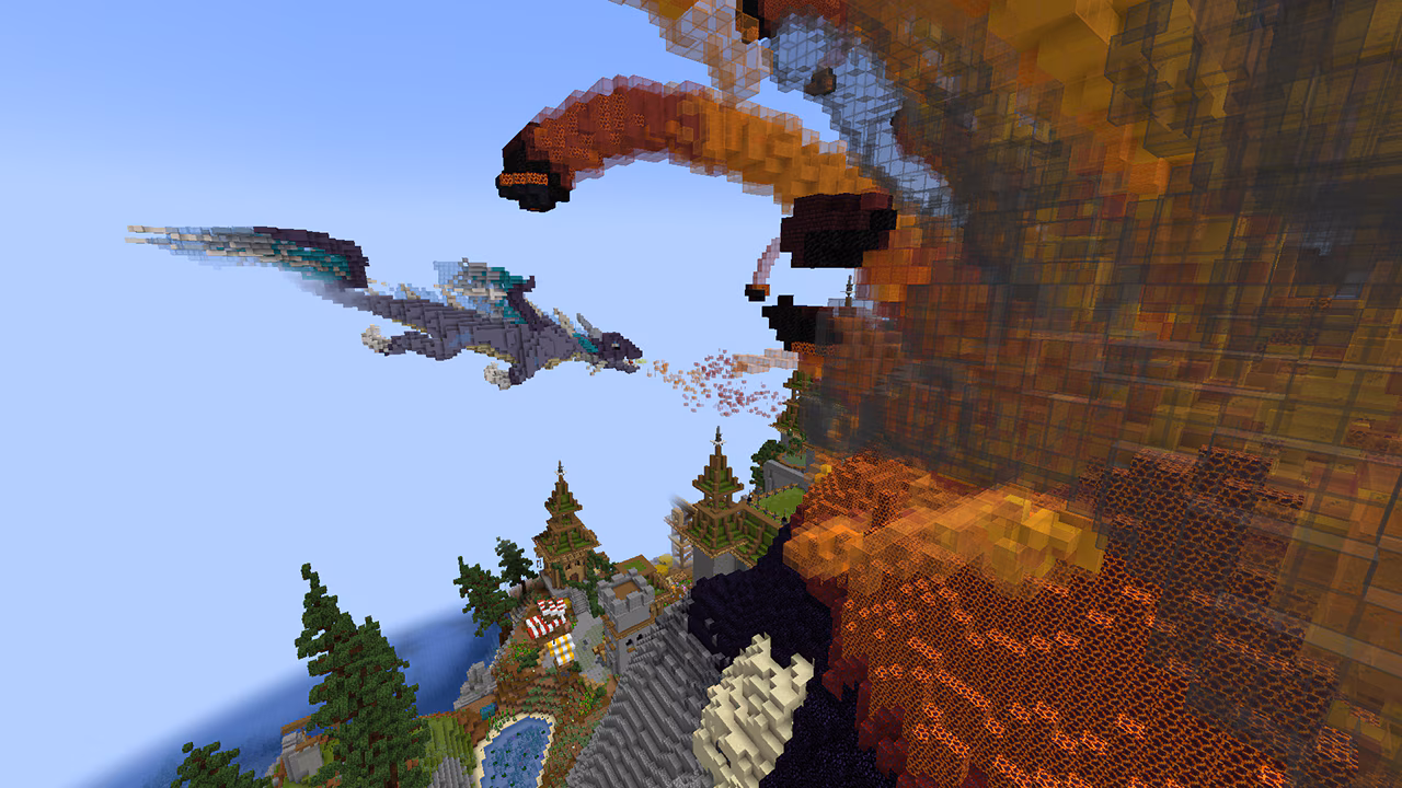 A huge dragon breathing fire into a lava cloud