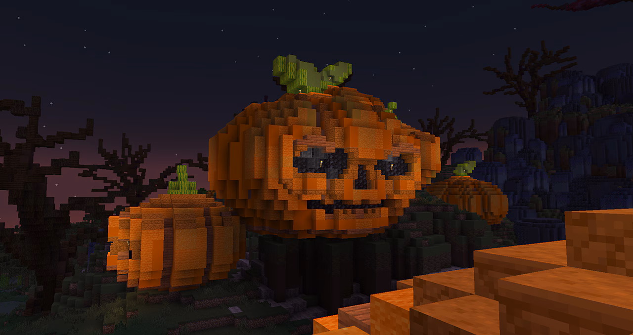 Three giant, blocky pumpkins