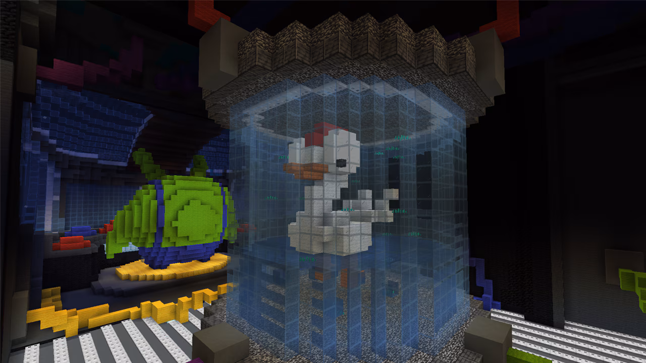 A large chicken in a giant glass display case