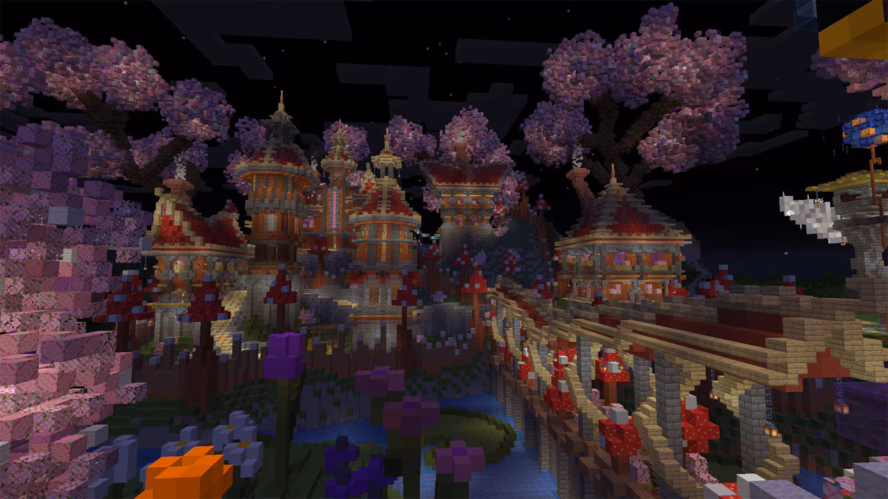A magical fairy town amidst cherry blossom trees