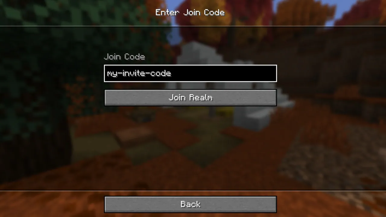 The Minecraft Java Realms Join Realm screen showing an invite code field and button for joining a realm.