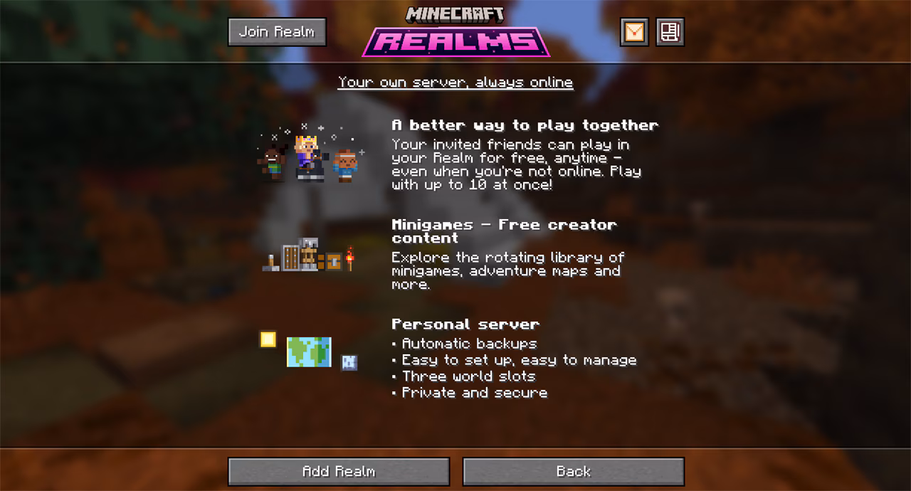 The Minecraft Realms introduction screen highlights multiplayer, free creator content, backups, and server features.