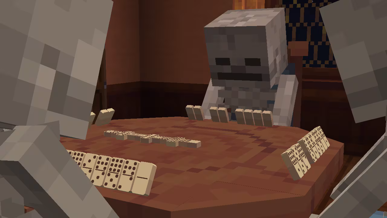 Three Minecraft skeletons playing dominoes