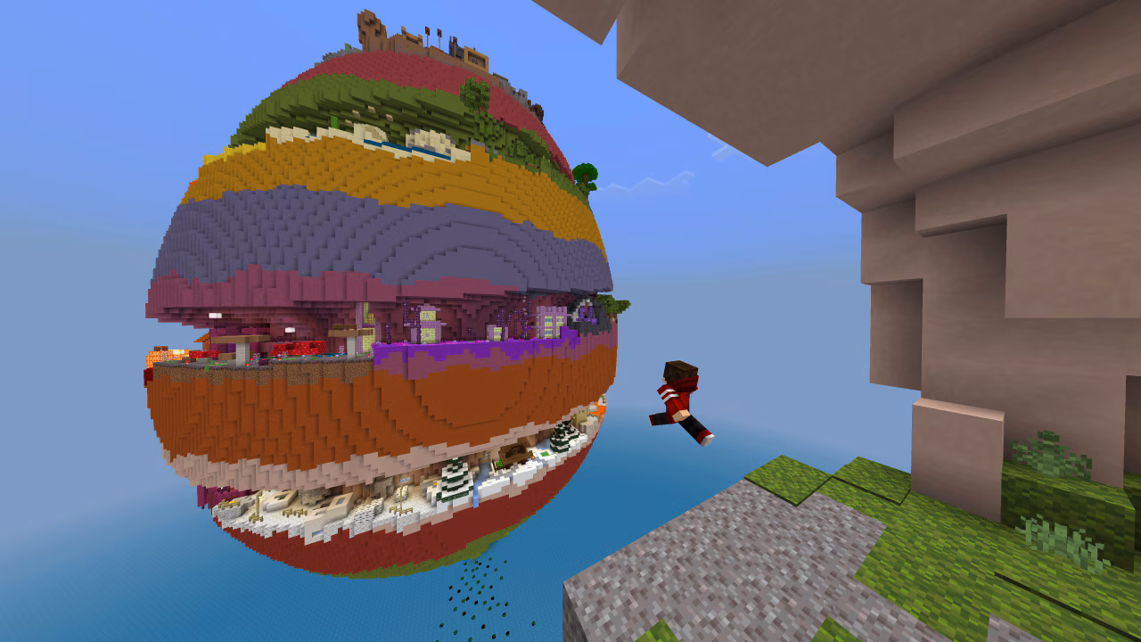 A Minecraft character jumping across a void to a large, blocky egg