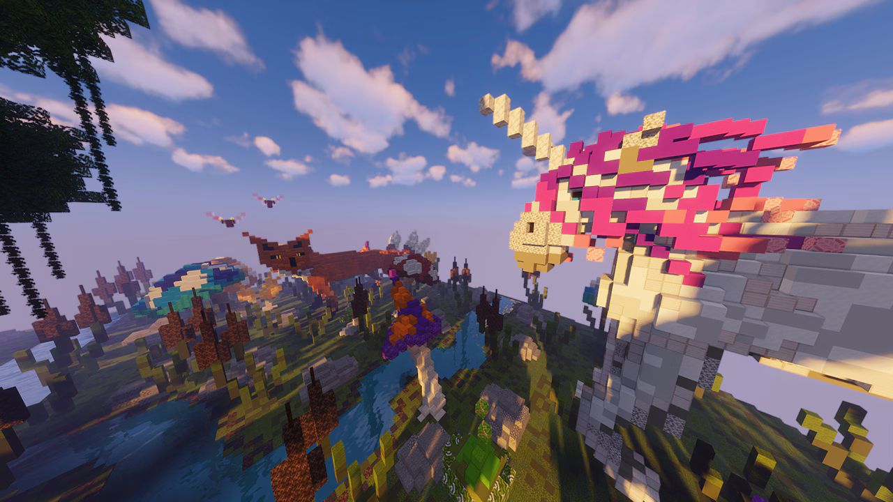 A fantasy map with a large unicorn built from blocks
