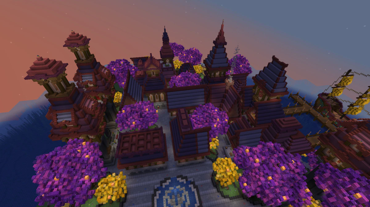 Ancient Japanese houses surrounded by water and purple trees at sunset
