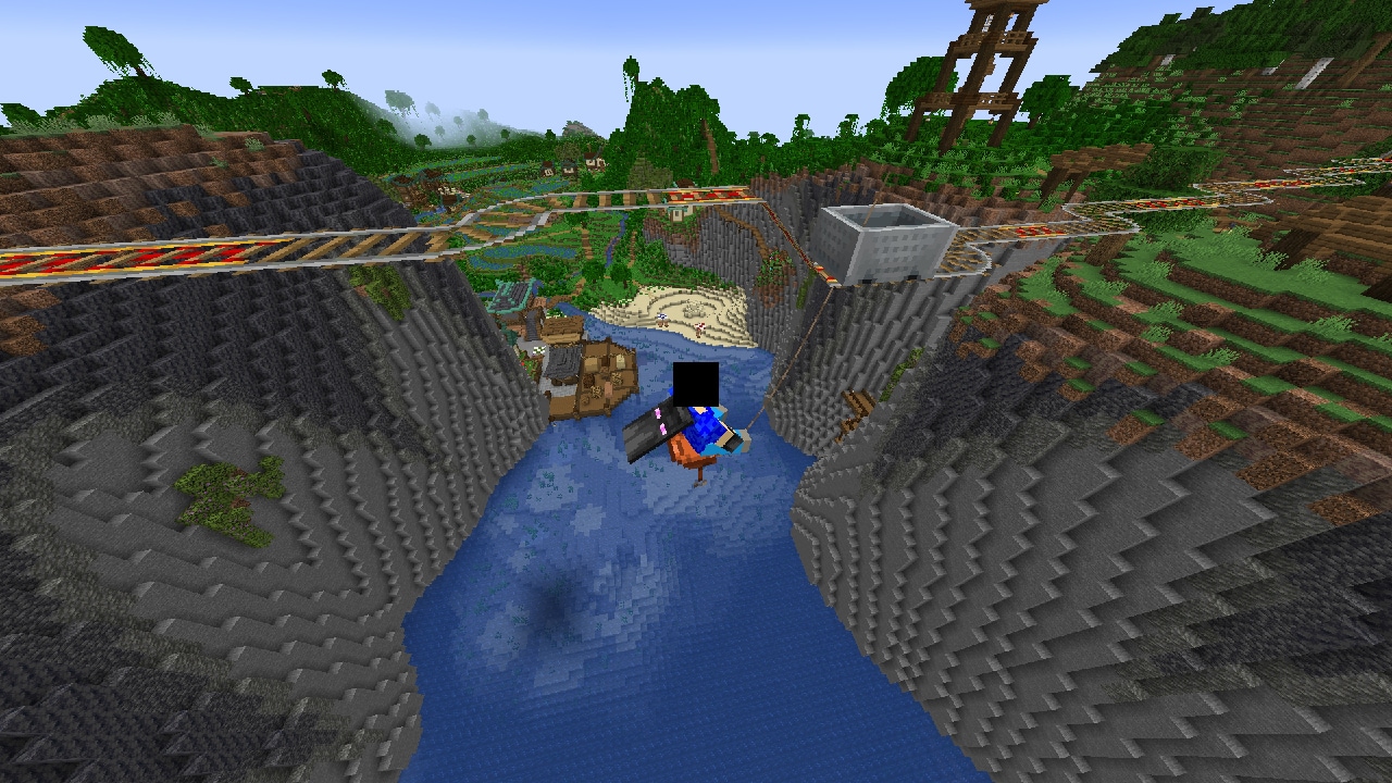 A player swinging from a minecart across a river