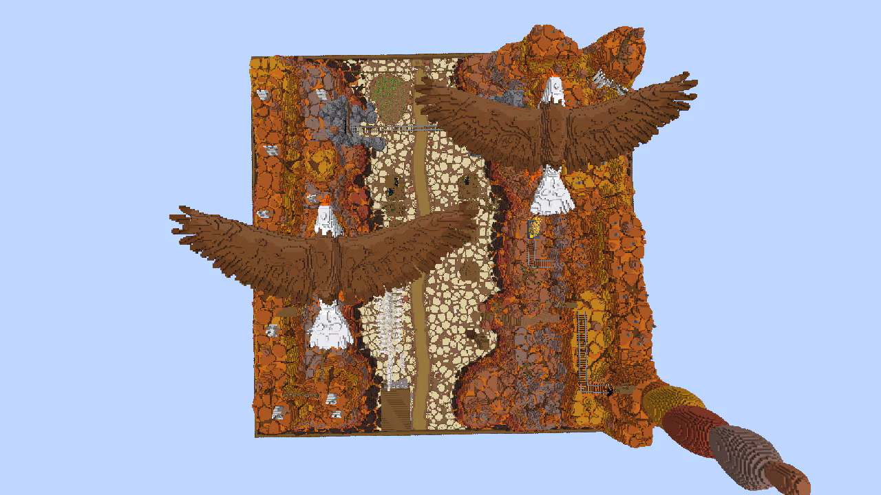 Two large, blocky eagles above an island