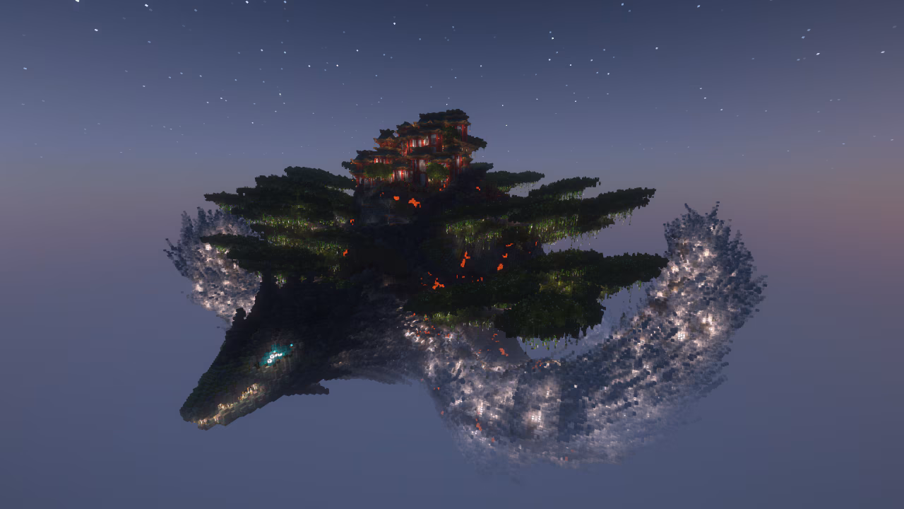 A glowing turtle-like island floating mid-air