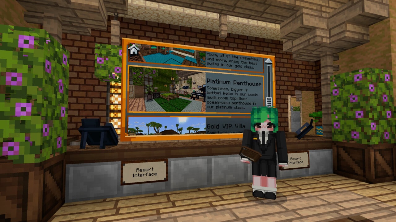 An image of you being welcomed to one of the VIP villas at Holiday Resort by CrackedCubes by a friendly, green-haired avatar. Fancy!