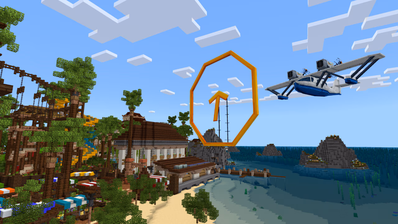 An image showing a sea-plane zooming through a checkpoint - one of the activities you can play through in the Holiday Resort map by CrackedCubes!