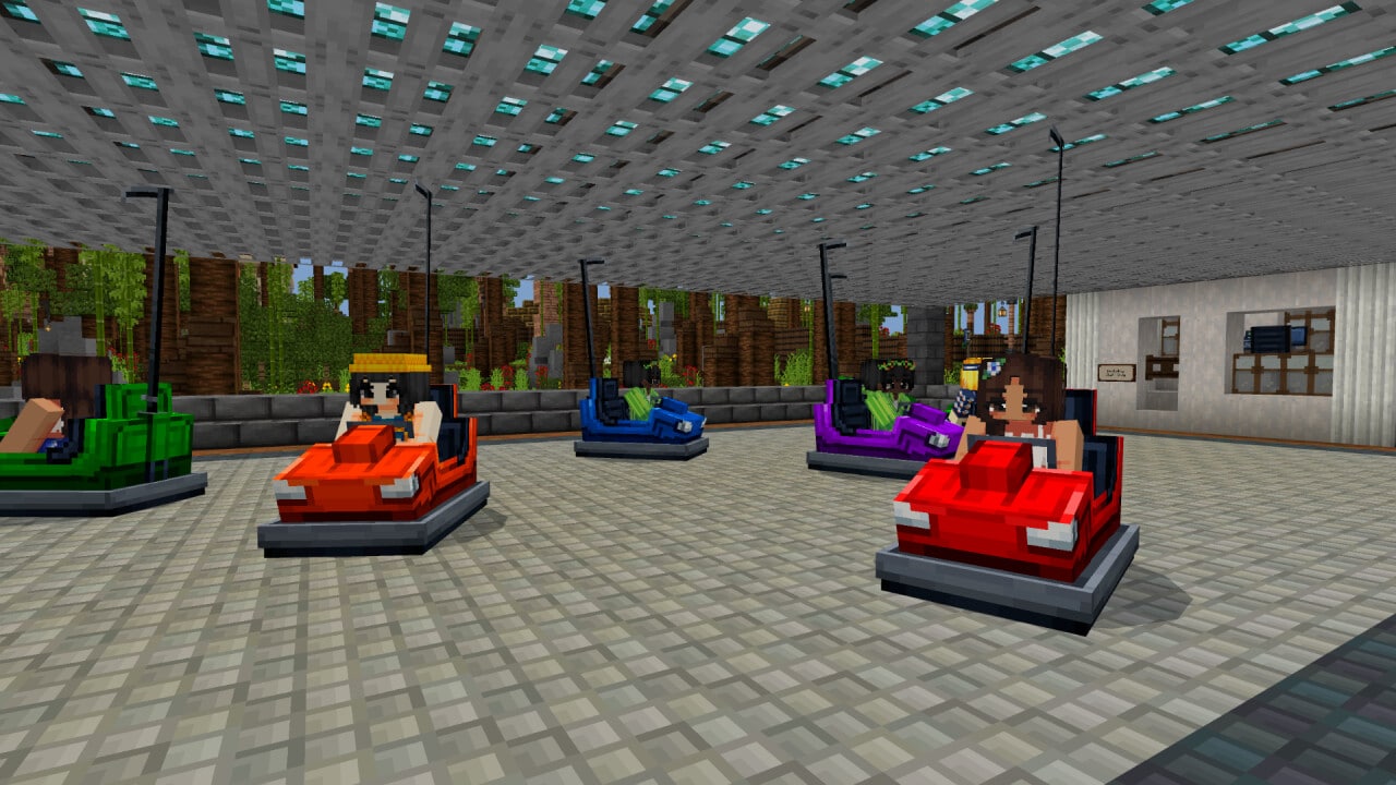 Woohoo! These multi-colored bumper cars look like a lot of fun, and this image shows five avatars driving around in them.