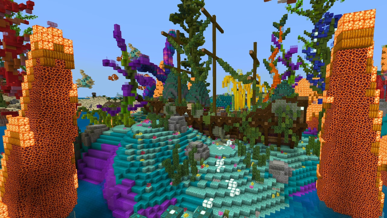 A screenshot of a shipwreck surrounded by underwater vegetation