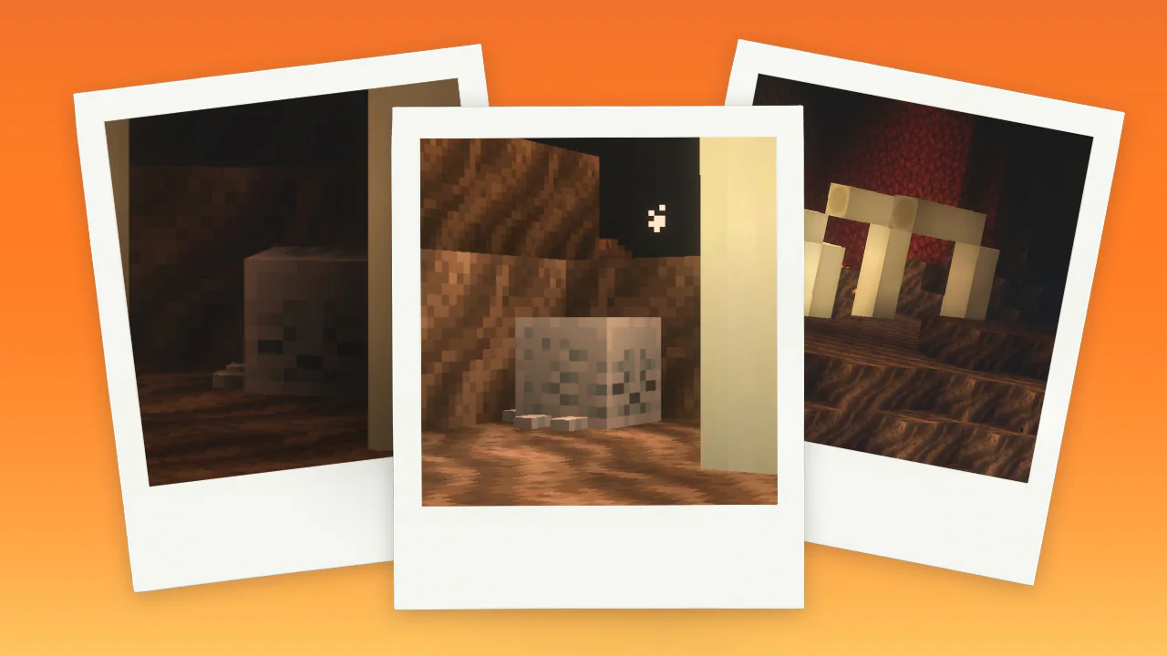 a block inside a dim cave, three images