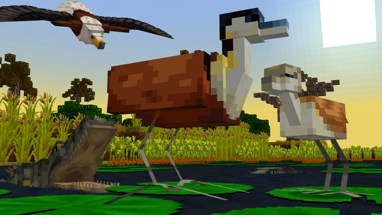 A screenshot of a lily trotter and its baby chick standing on lilypads. An eagle is flying above while a crocodile is in the water behind them with its maw open.