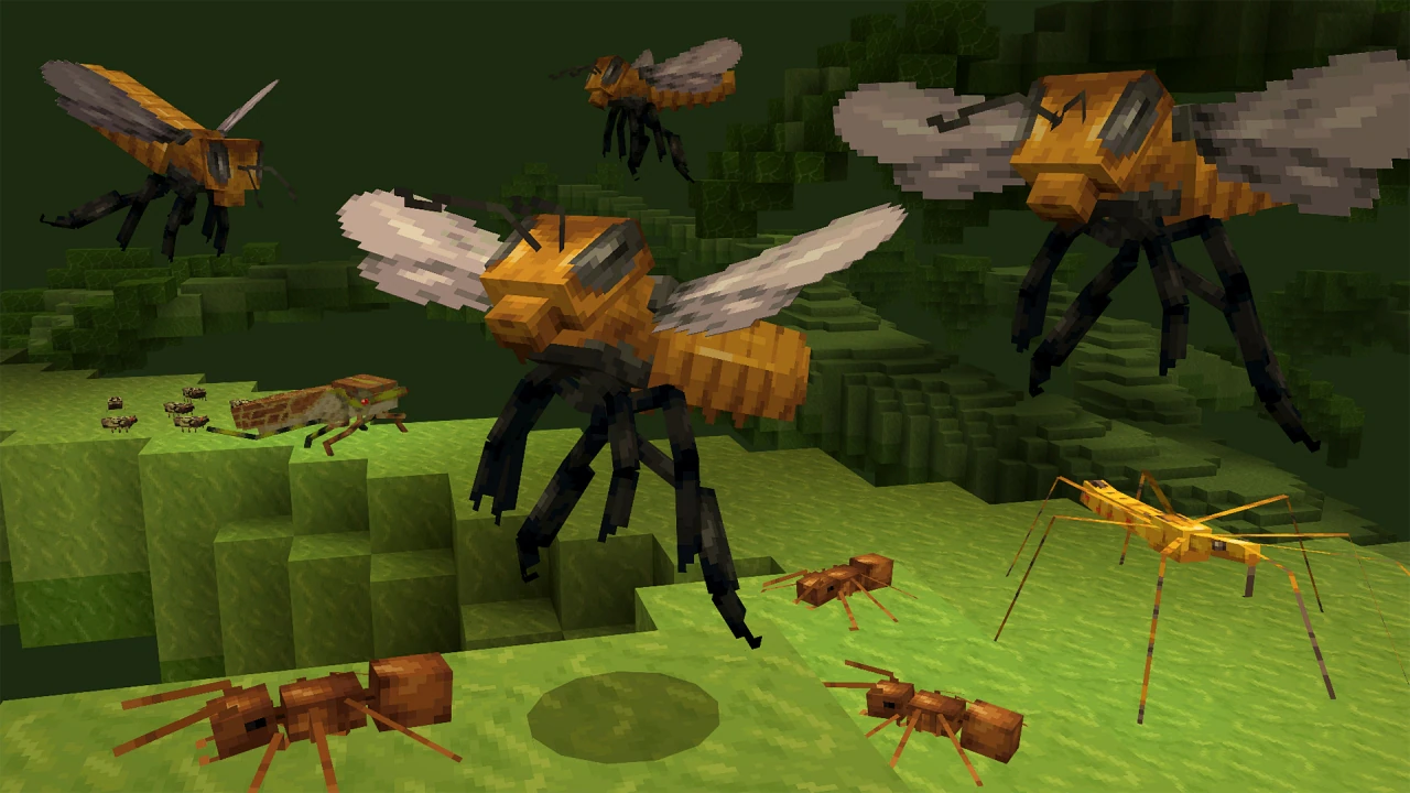 A screenshot of bees flying above a group of ants.
