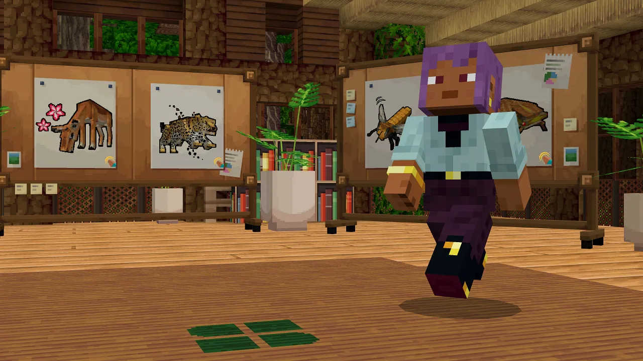 An image of a Minecraft player character dressed as Efe inside the field station. In the background there are images of some of the creatures in the DLC.