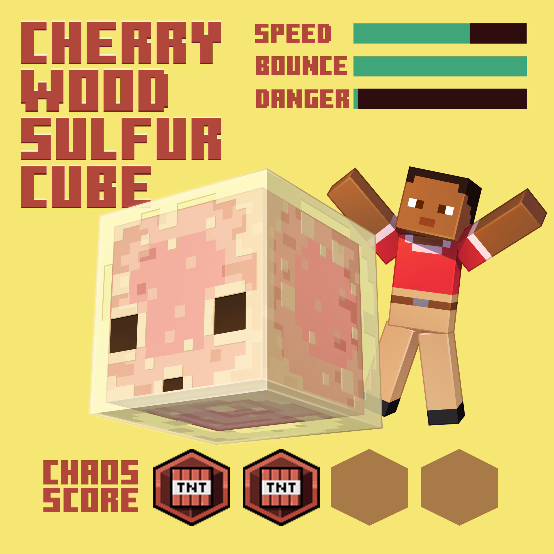This is a image with a sulfur cube that has absorbed cherry wood