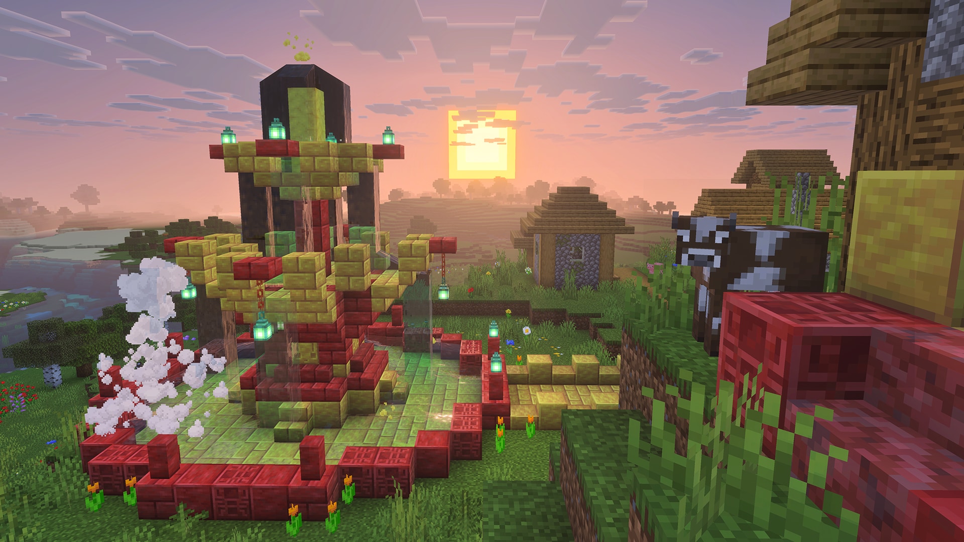 A screenshot showing a build that uses the new colorful blocks - cinnabar and sulfur blocks.