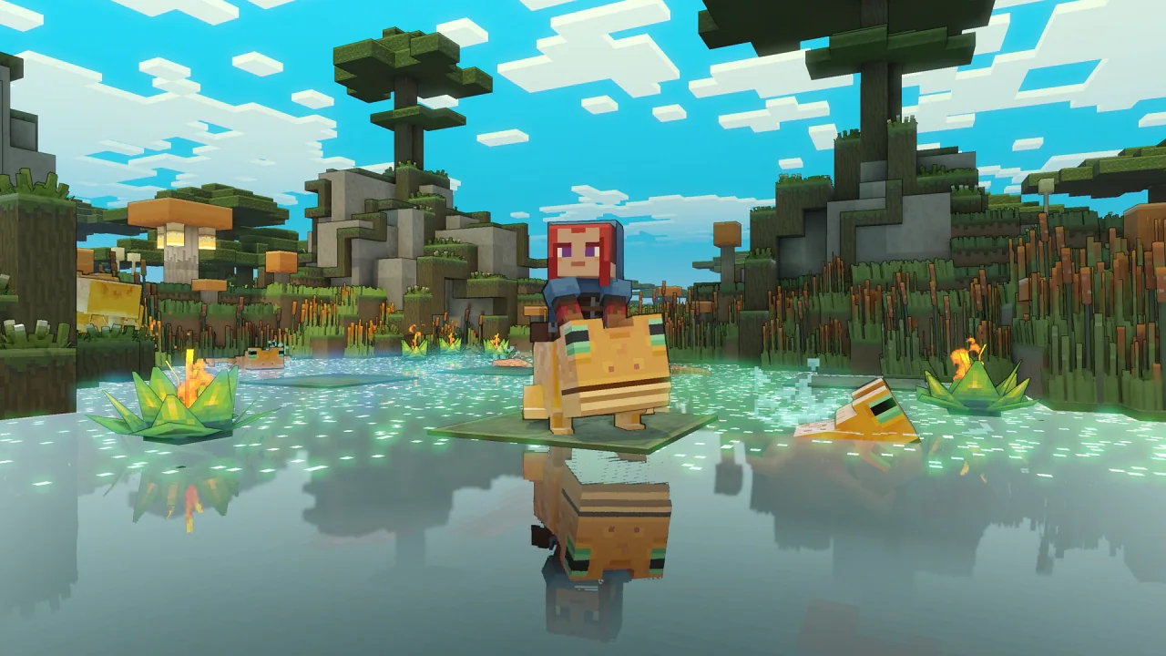 A hero riding a fearless frog, sitting on top of a lilypad in the middle of a pond