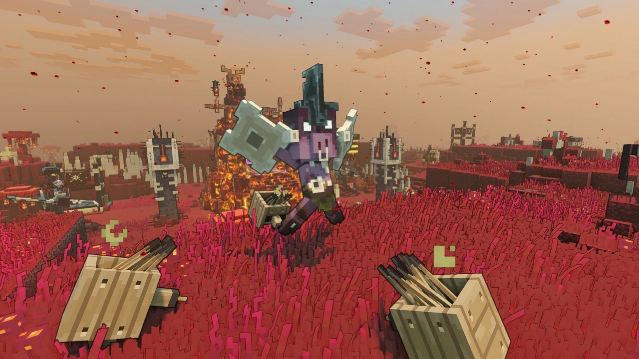 A piglin clanger inside a piglin base with its front hooves outstretched, about to clang its cymbals together. Two wood golems stand in front of it.
