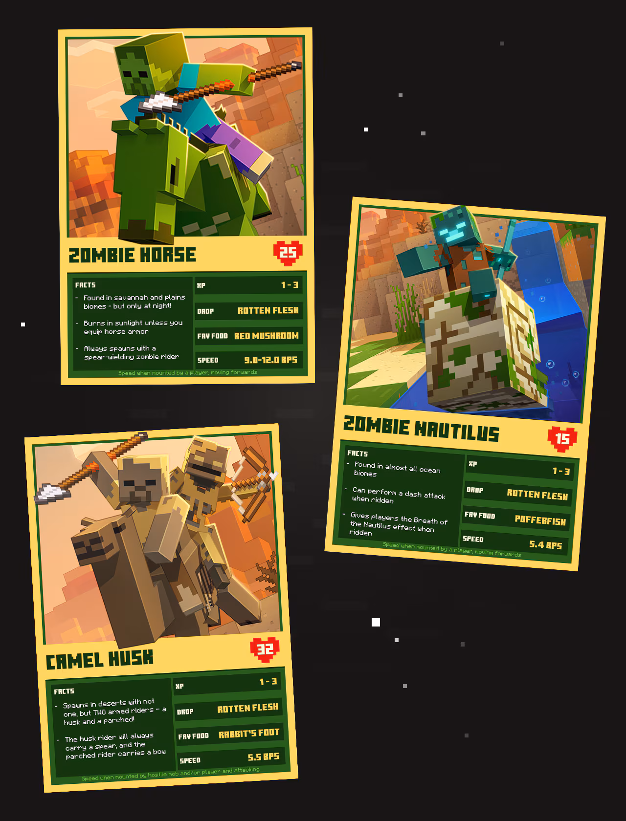 This image shows three mock playing cards featuring some of the hostile mounted foes you'll face in this game drop!