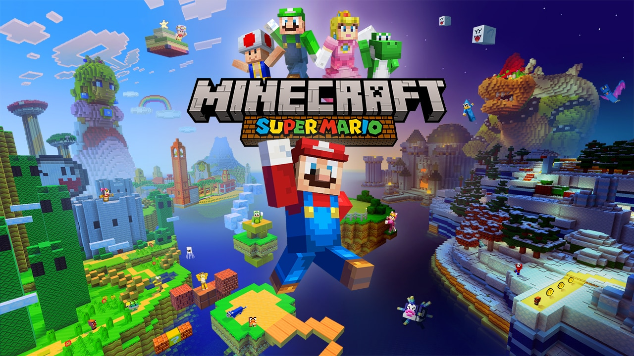 Minecraft Super Mario™ artwork featuring Mario jumping beneath the Minecraft Super Mario logo, surrounded by Luigi, Princess Peach, Toad, Yoshi, and colorful blocky landscapes inspired by the Mushroom Kingdom.