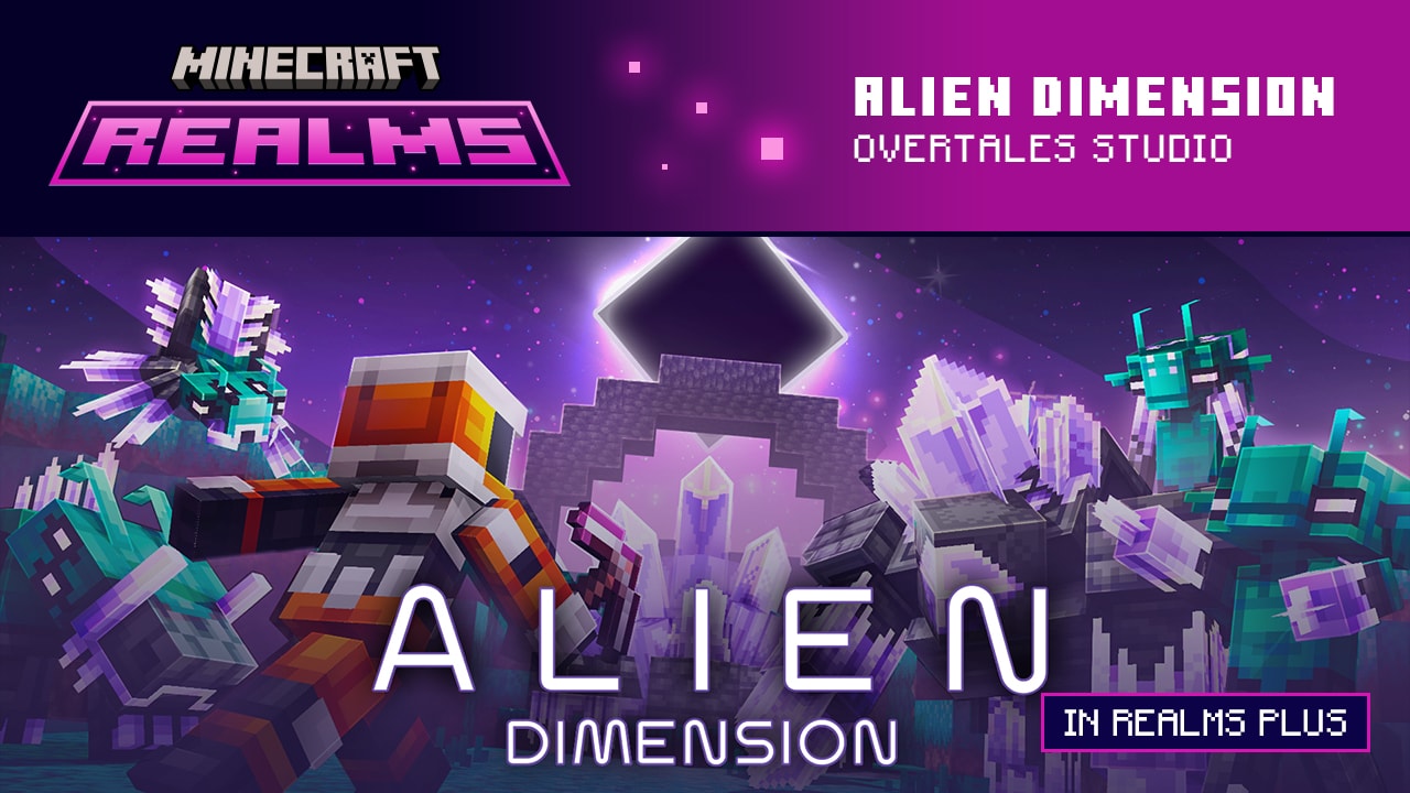 This image of Alien Dimension by Overtales Studio shows an explorer against a background of a new, amethyst purple world, and unique mobs!
