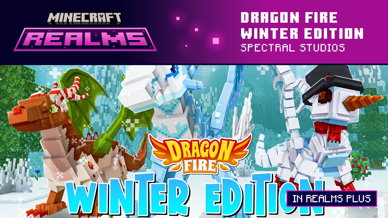 This image of DragonFire Winter Edition by Spectral Studios shows a beautiful snowflake dragon, adorable snowman dragon, and even a rudolph dragon, all standing on bright white snow.
