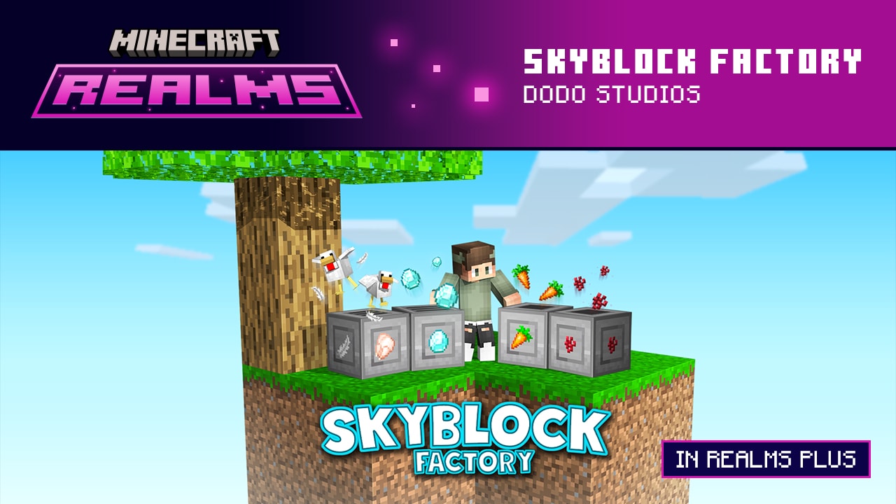 In this image of Skyblock Factory by Dodo Studios you can see an avatar on a skyblock, looking at the four unique skyblock machines around them!