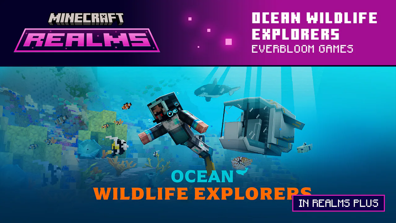 A player scuba diving in a blocky coral reef.