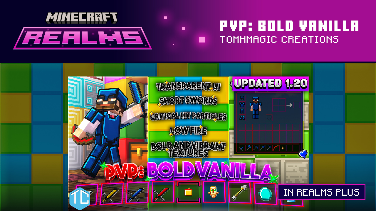 Bold and vibrant textures with short swords, transparant UI, low fire, and critical hit particles.